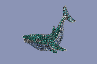 Vintage Silver Tone Blue and Green Rhinestone Whale Brooch/Pendant