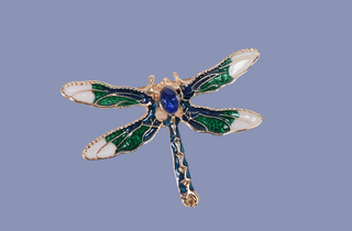 Vintage Gold Tone Dragonfly Brooch with Colored Enamel and Blue Crystal Rhinestone