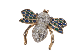 Vintage Gold Tone Bee Brooch with White Crystal Rhinestones