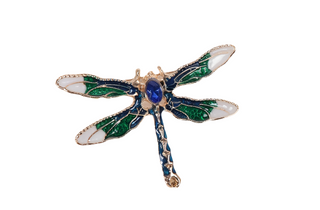 Vintage Gold Tone Dragonfly Brooch with Colored Enamel and Blue Crystal Rhinestone